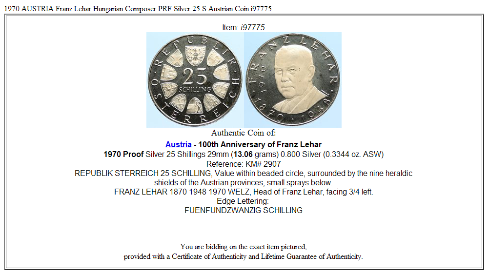 1970 AUSTRIA Franz Lehar Hungarian Composer PRF Silver 25 S Austrian Coin i97775