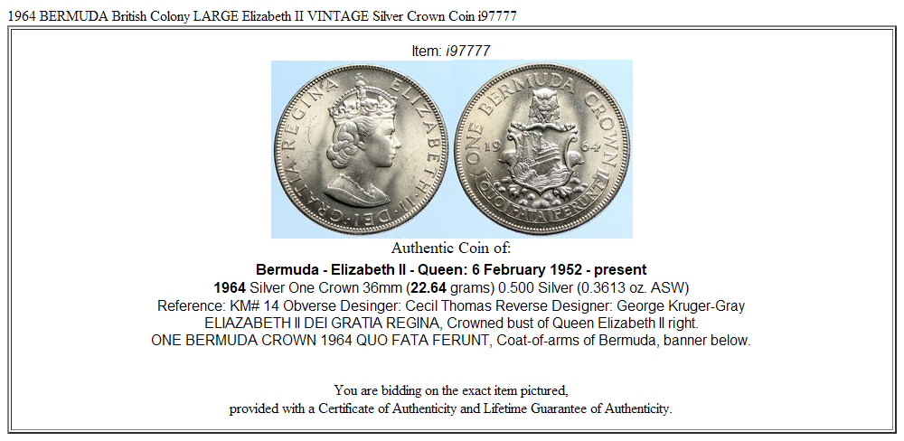 1964 BERMUDA British Colony LARGE Elizabeth II VINTAGE Silver Crown Coin i97777