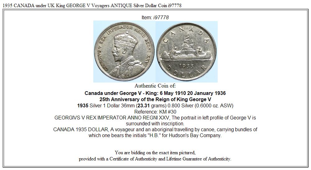 1935 CANADA under UK King GEORGE V Voyagers ANTIQUE Silver Dollar Coin i97778