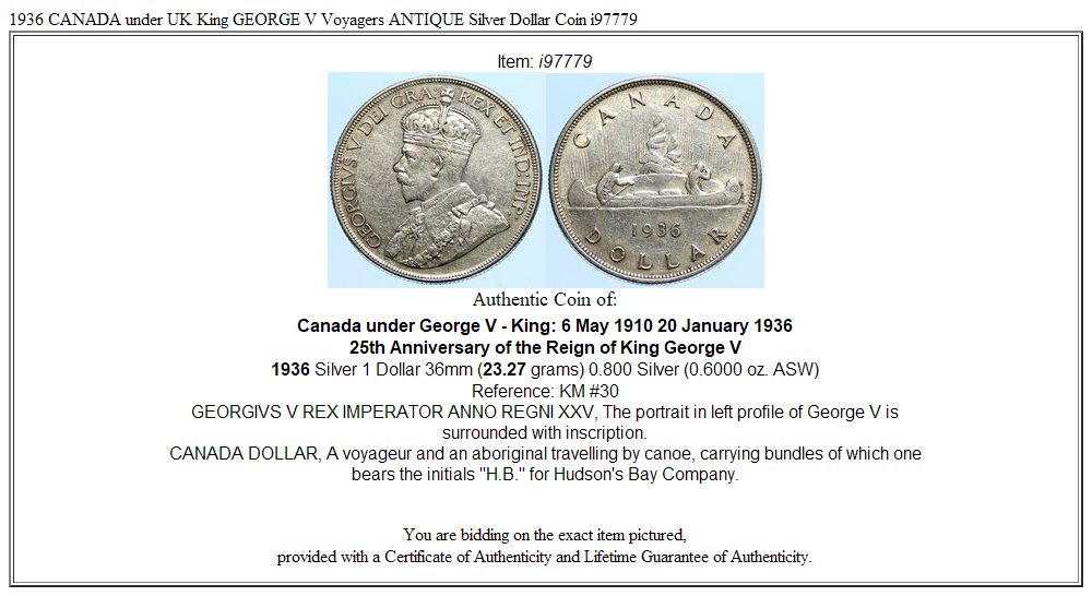 1936 CANADA under UK King GEORGE V Voyagers ANTIQUE Silver Dollar Coin i97779