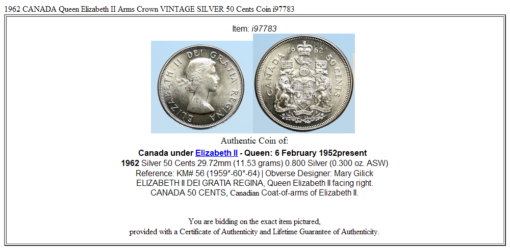 1962 CANADA Queen Elizabeth II Arms Crown VINTAGE SILVER 50 Cents Coin i97783