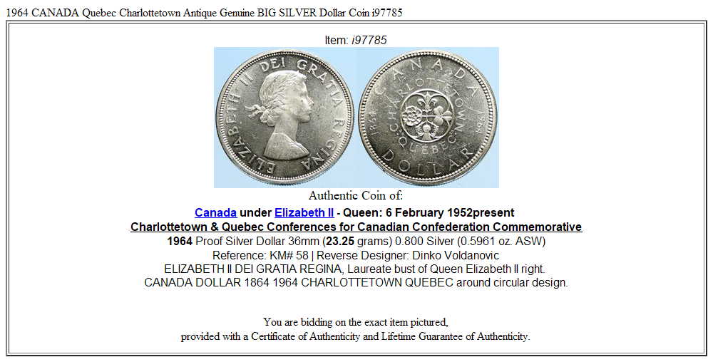 1964 CANADA Quebec Charlottetown Antique Genuine BIG SILVER Dollar Coin i97785