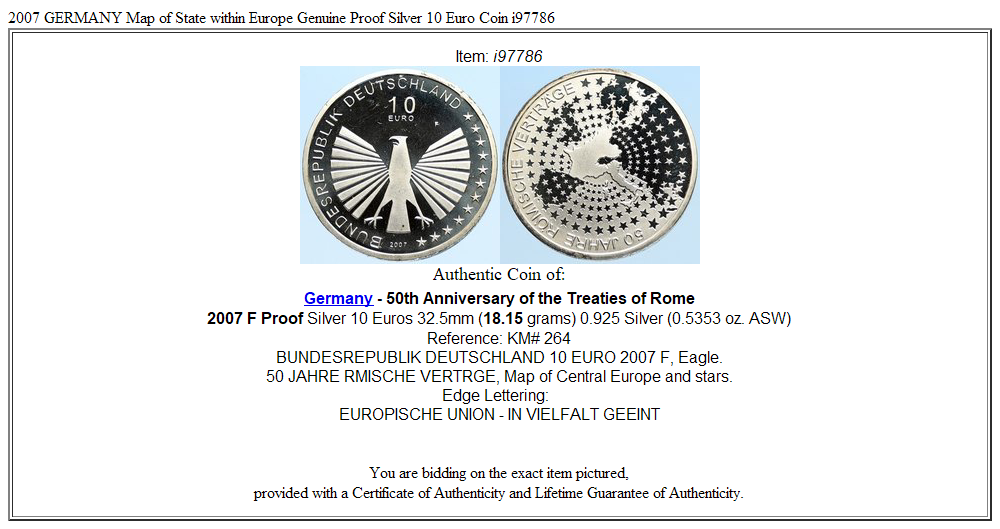 2007 GERMANY Map of State within Europe Genuine Proof Silver 10 Euro Coin i97786