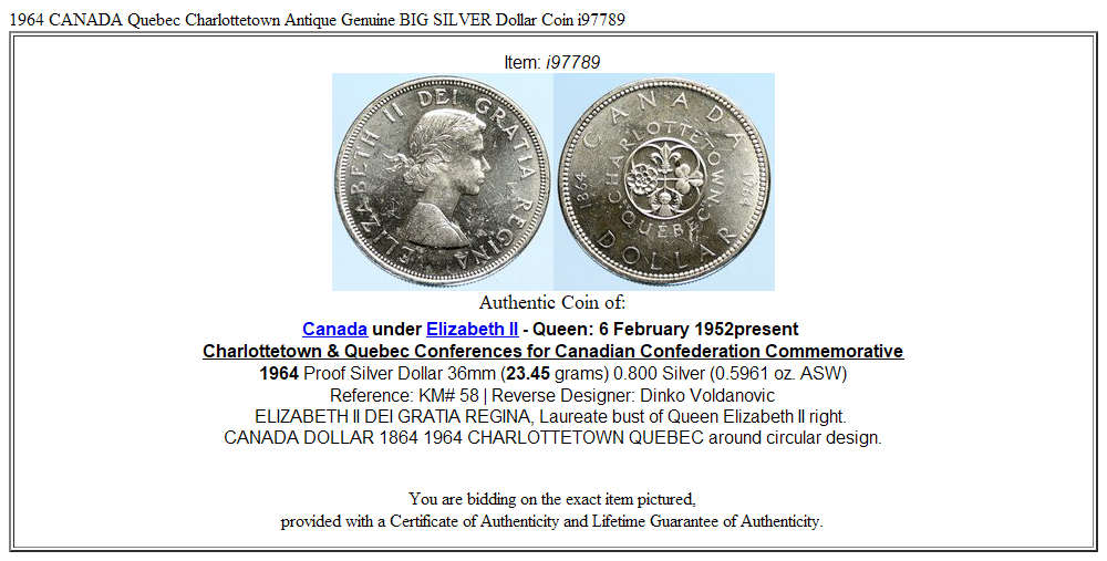 1964 CANADA Quebec Charlottetown Antique Genuine BIG SILVER Dollar Coin i97789