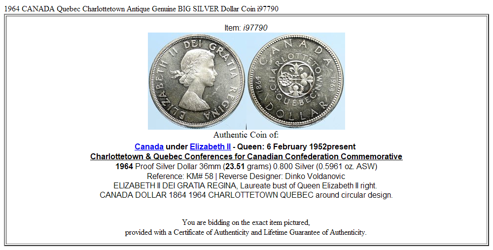 1964 CANADA Quebec Charlottetown Antique Genuine BIG SILVER Dollar Coin i97790