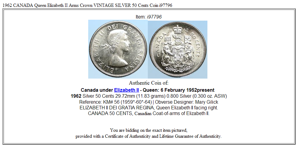 1962 CANADA Queen Elizabeth II Arms Crown VINTAGE SILVER 50 Cents Coin i97796