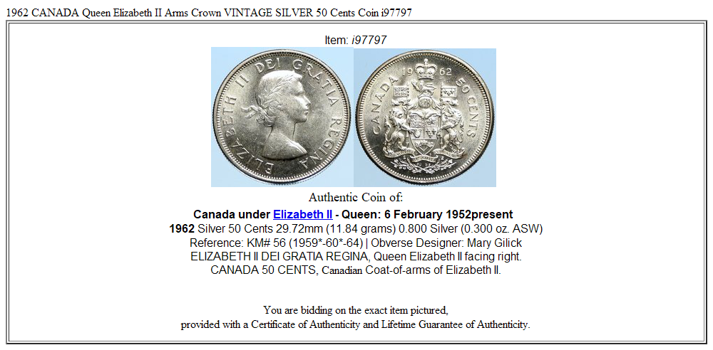 1962 CANADA Queen Elizabeth II Arms Crown VINTAGE SILVER 50 Cents Coin i97797