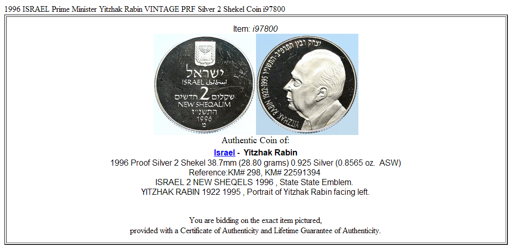 1996 ISRAEL Prime Minister Yitzhak Rabin VINTAGE PRF Silver 2 Shekel Coin i97800