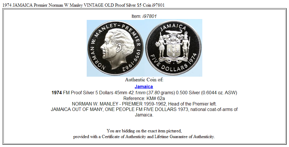 1974 JAMAICA Premier Norman W Manley VINTAGE OLD Proof Silver $5 Coin i97801