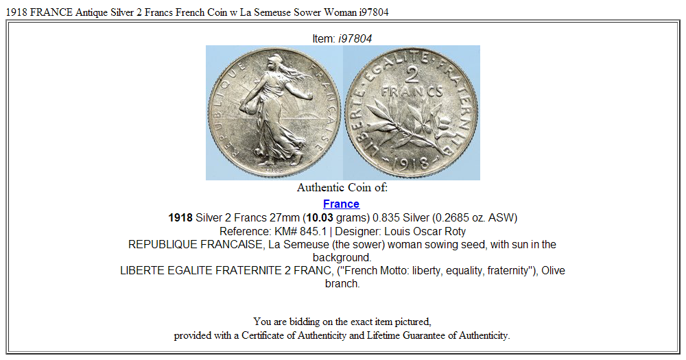 1918 FRANCE Antique Silver 2 Francs French Coin w La Semeuse Sower Woman i97804