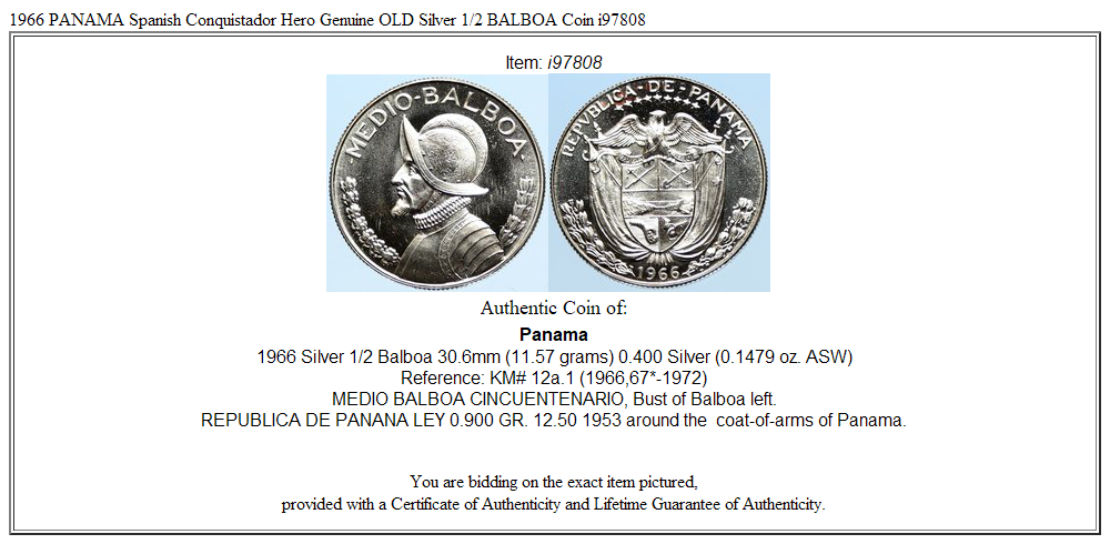 1966 PANAMA Spanish Conquistador Hero Genuine OLD Silver 1/2 BALBOA Coin i97808