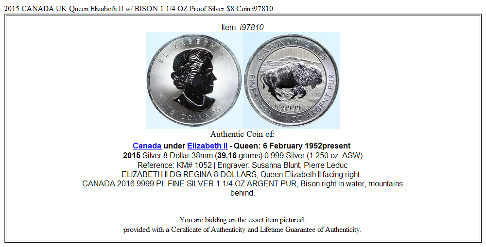 2015 CANADA UK Queen Elizabeth II w/ BISON 1 1/4 OZ Proof Silver $8 Coin i97810