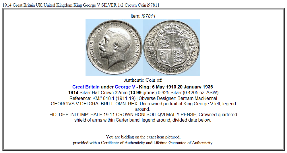 1914 Great Britain UK United Kingdom King George V SILVER 1/2 Crown Coin i97811