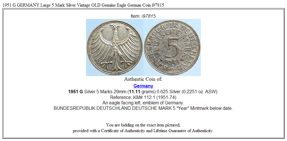 1951 G GERMANY Large 5 Mark Silver Vintage OLD Genuine Eagle German Coin i97815