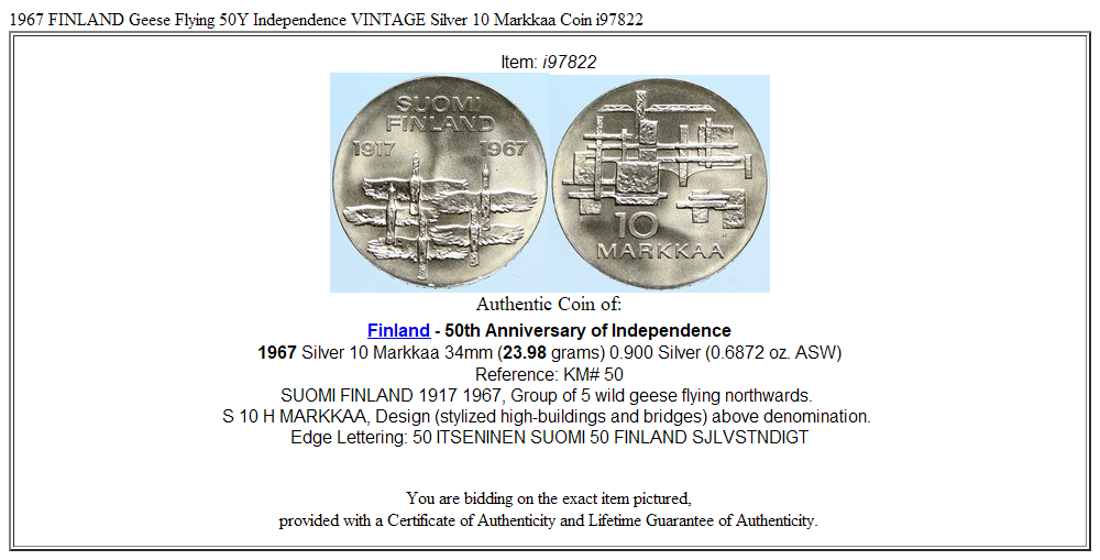 1967 FINLAND Geese Flying 50Y Independence VINTAGE Silver 10 Markkaa Coin i97822