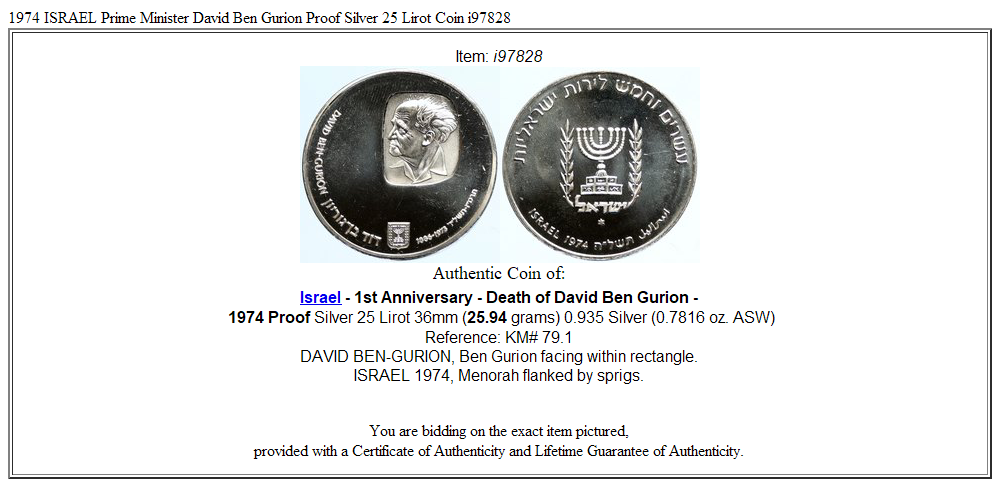 1974 ISRAEL Prime Minister David Ben Gurion Proof Silver 25 Lirot Coin i97828