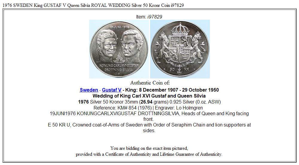 1976 SWEDEN King GUSTAF V Queen Silvia ROYAL WEDDING Silver 50 Kronr Coin i97829