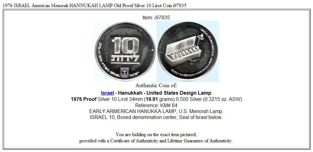 1976 ISRAEL American Menorah HANNUKAH LAMP Old Proof Silver 10 Lirot Coin i97835