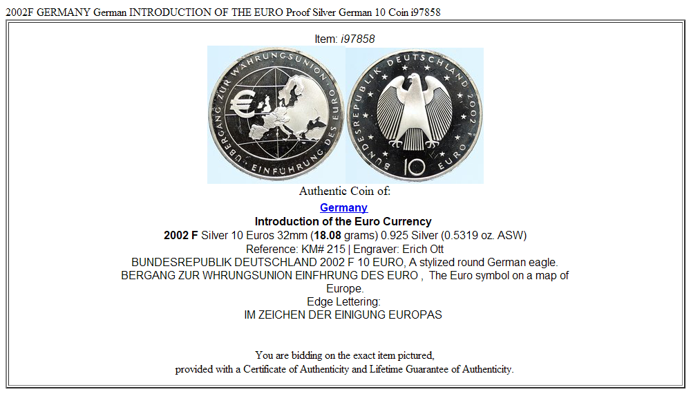 2002F GERMANY German INTRODUCTION OF THE EURO Proof Silver German 10 Coin i97858