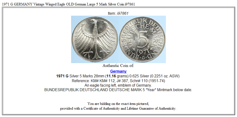 1971 G GERMANY Vintage Winged Eagle OLD German Large 5 Mark Silver Coin i97861