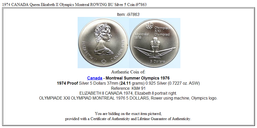 1974 CANADA Queen Elizabeth II Olympics Montreal ROWING BU Silver 5 Coin i97863