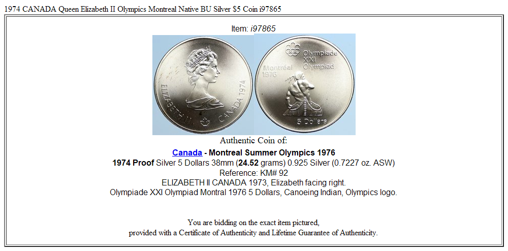 1974 CANADA Queen Elizabeth II Olympics Montreal Native BU Silver $5 Coin i97865