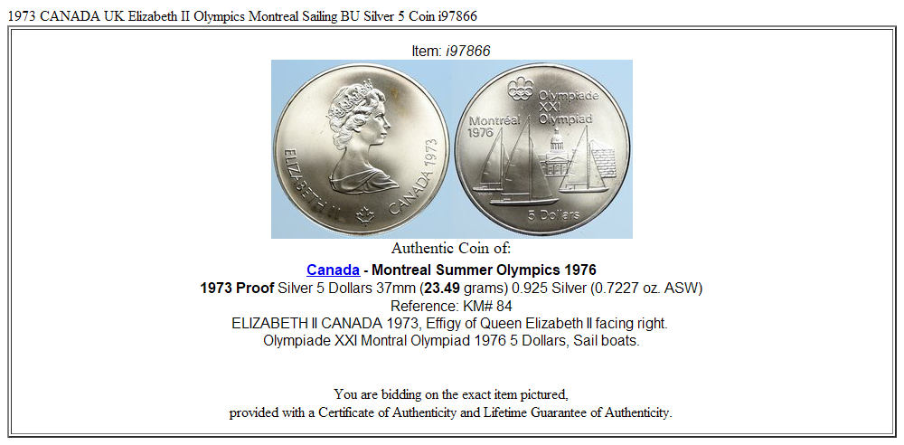 1973 CANADA UK Elizabeth II Olympics Montreal Sailing BU Silver 5 Coin i97866