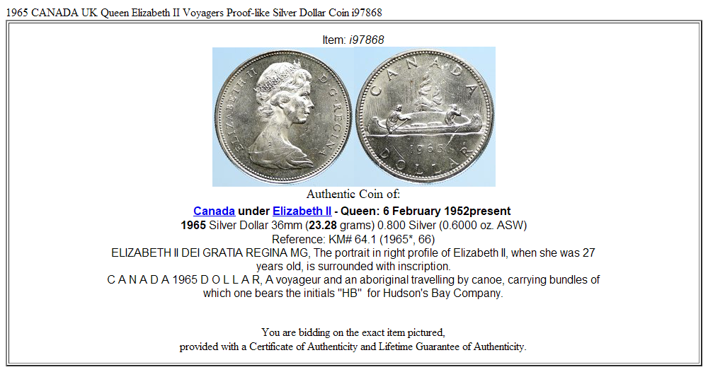 1965 CANADA UK Queen Elizabeth II Voyagers Proof-like Silver Dollar Coin i97868