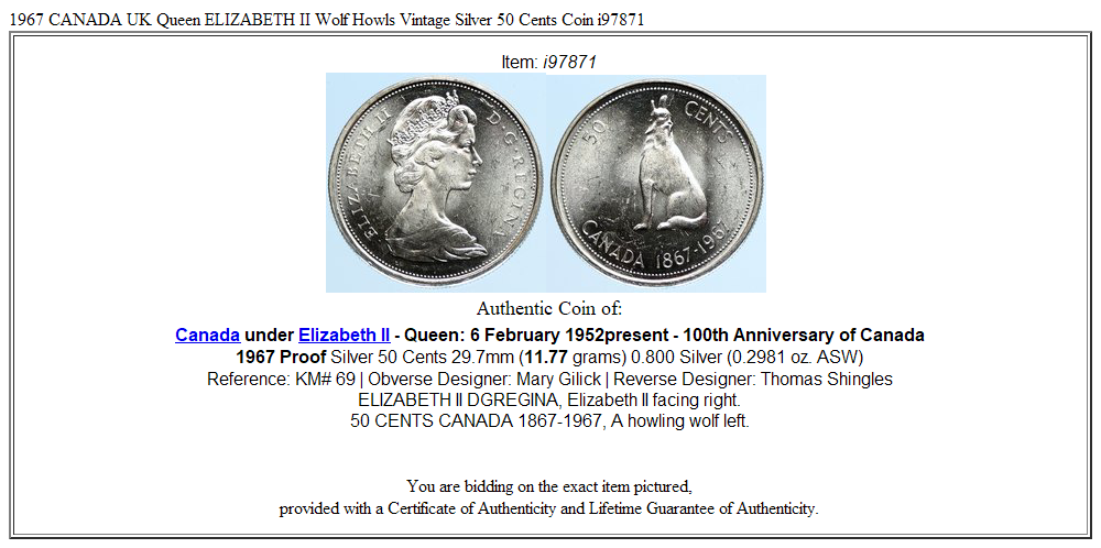 1967 CANADA UK Queen ELIZABETH II Wolf Howls Vintage Silver 50 Cents Coin i97871