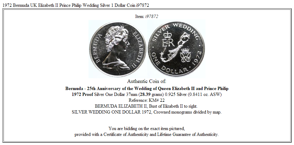 1972 Bermuda UK Elizabeth II Prince Philip Wedding Silver 1 Dollar Coin i97872