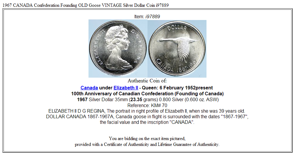 1967 CANADA Confederation Founding OLD Goose VINTAGE Silver Dollar Coin i97889