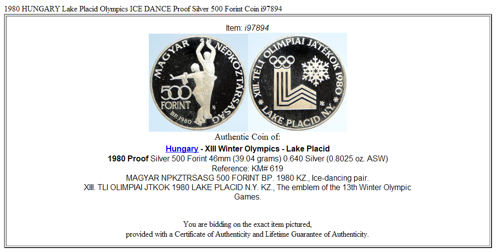 1980 HUNGARY Lake Placid Olympics ICE DANCE Proof Silver 500 Forint Coin i97894