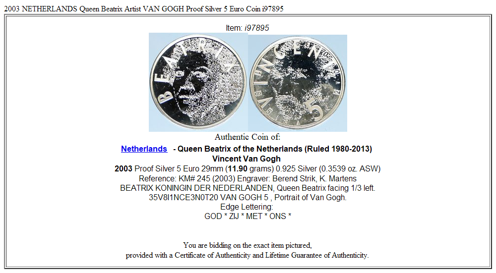 2003 NETHERLANDS Queen Beatrix Artist VAN GOGH Proof Silver 5 Euro Coin i97895