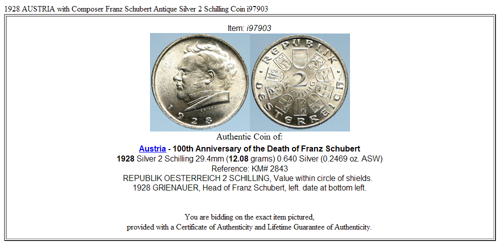 1928 AUSTRIA with Composer Franz Schubert Antique Silver 2 Schilling Coin i97903