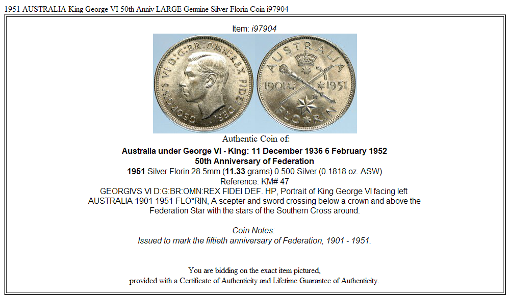 1951 AUSTRALIA King George VI 50th Anniv LARGE Genuine Silver Florin Coin i97904