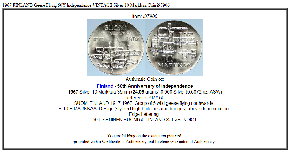 1967 FINLAND Geese Flying 50Y Independence VINTAGE Silver 10 Markkaa Coin i97906