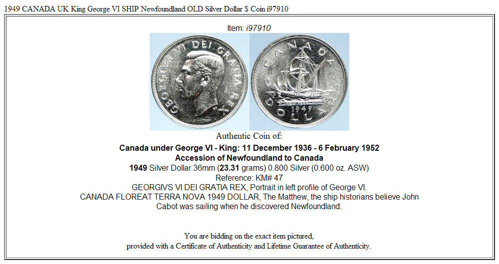 1949 CANADA UK King George VI SHIP Newfoundland OLD Silver Dollar $ Coin i97910