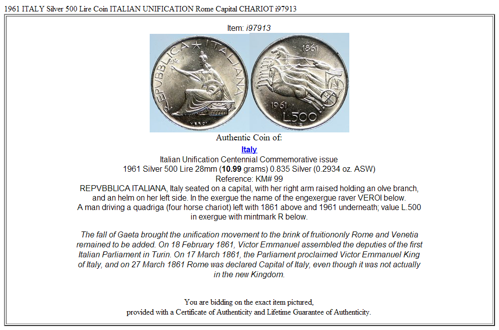 1961 ITALY Silver 500 Lire Coin ITALIAN UNIFICATION Rome Capital CHARIOT i97913