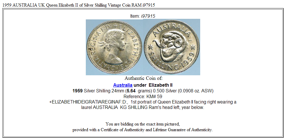 1959 AUSTRALIA UK Queen Elizabeth II of Silver Shilling Vintage Coin RAM i97915