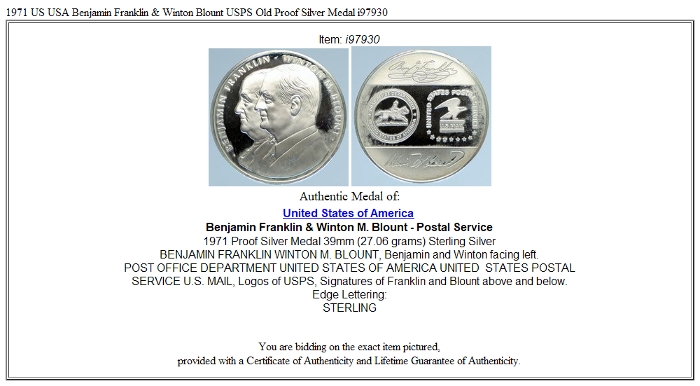 1971 US USA Benjamin Franklin & Winton Blount USPS Old Proof Silver Medal i97930