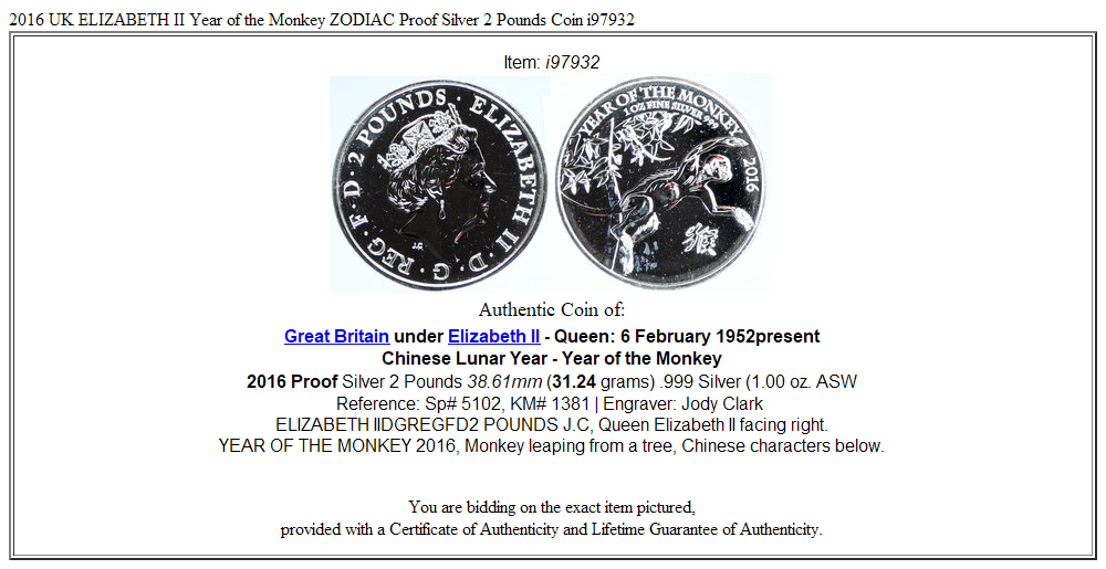 2016 UK ELIZABETH II Year of the Monkey ZODIAC Proof Silver 2 Pounds Coin i97932