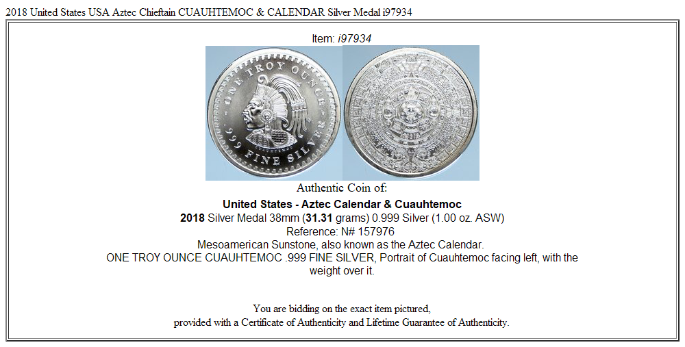 2018 United States USA Aztec Chieftain CUAUHTEMOC & CALENDAR Silver Medal i97934