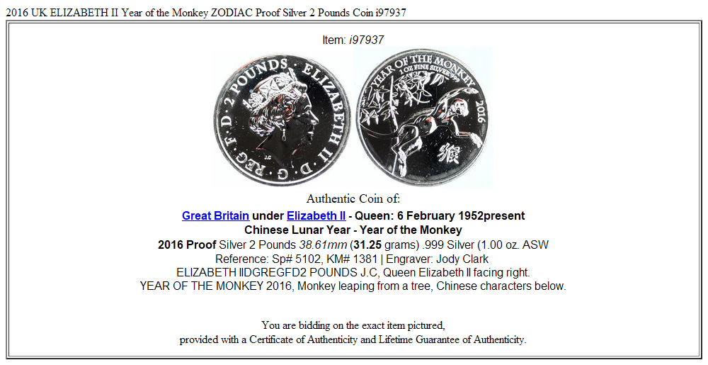 2016 UK ELIZABETH II Year of the Monkey ZODIAC Proof Silver 2 Pounds Coin i97937