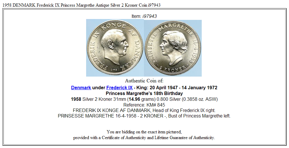 1958 DENMARK Frederick IX Princess Margrethe Antique Silver 2 Kroner Coin i97943