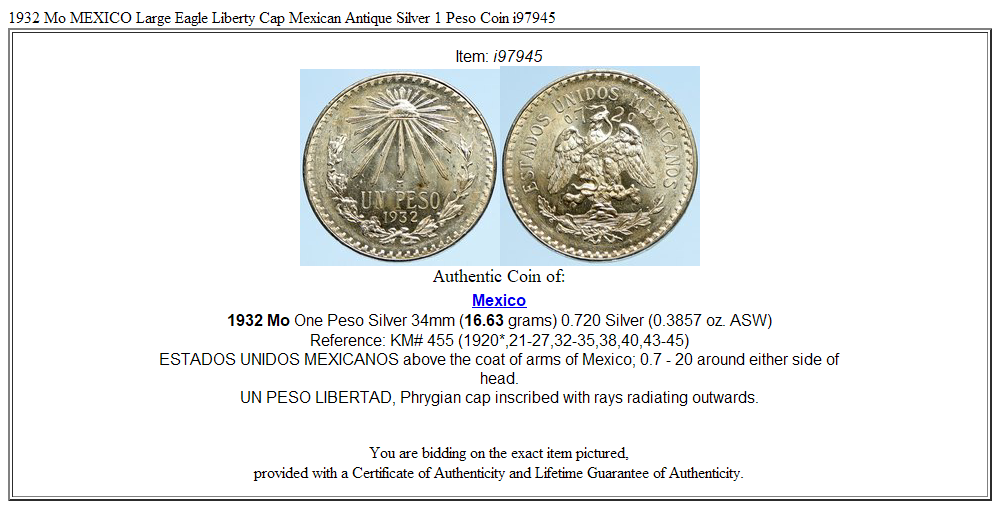 1932 Mo MEXICO Large Eagle Liberty Cap Mexican Antique Silver 1 Peso Coin i97945