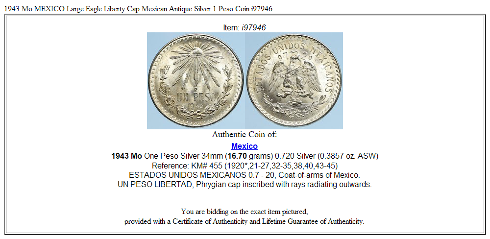 1943 Mo MEXICO Large Eagle Liberty Cap Mexican Antique Silver 1 Peso Coin i97946