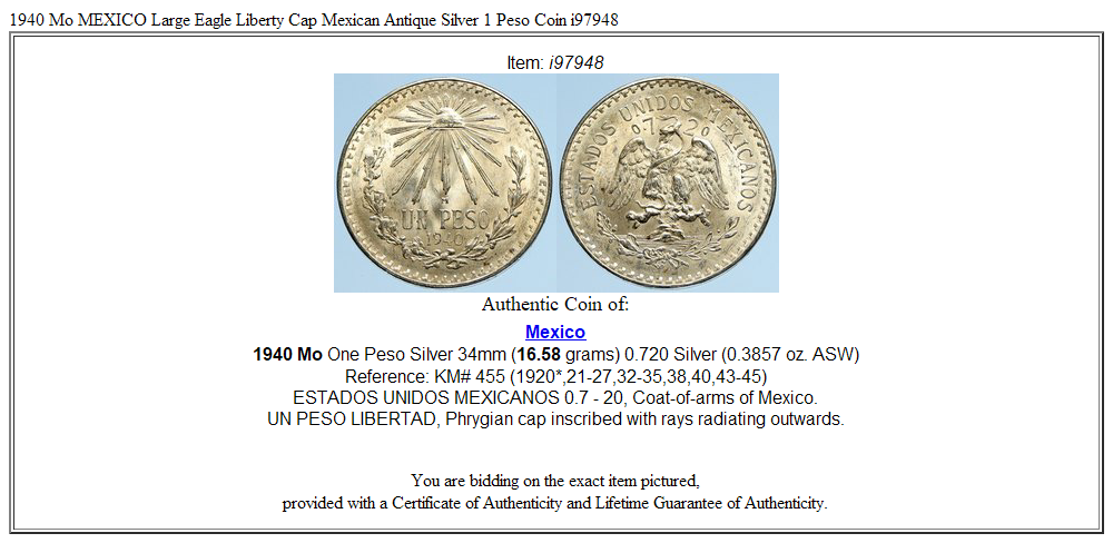 1940 Mo MEXICO Large Eagle Liberty Cap Mexican Antique Silver 1 Peso Coin i97948