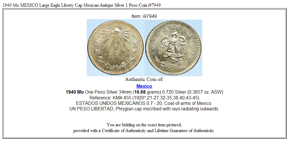 1940 Mo MEXICO Large Eagle Liberty Cap Mexican Antique Silver 1 Peso Coin i97949