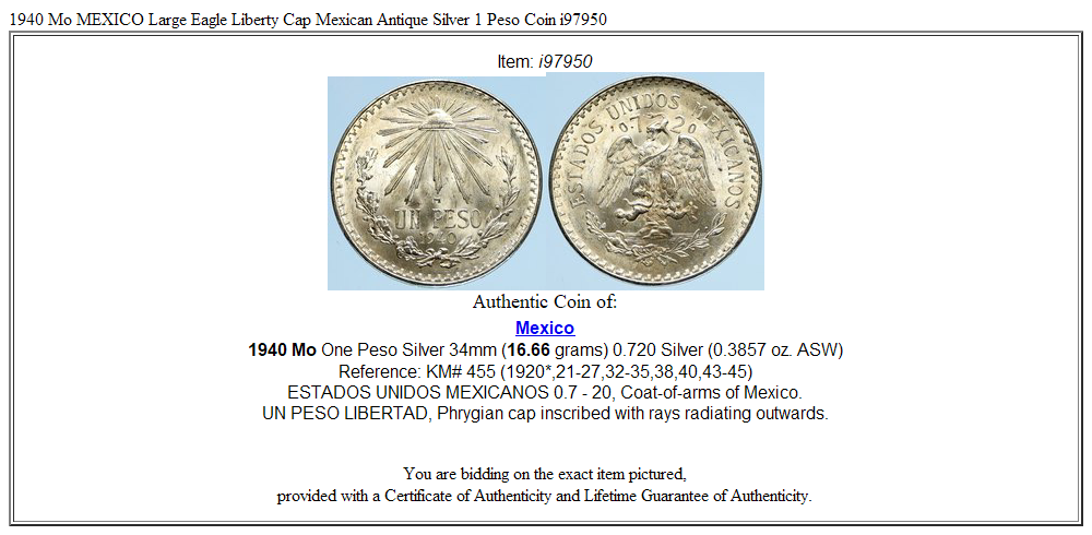 1940 Mo MEXICO Large Eagle Liberty Cap Mexican Antique Silver 1 Peso Coin i97950