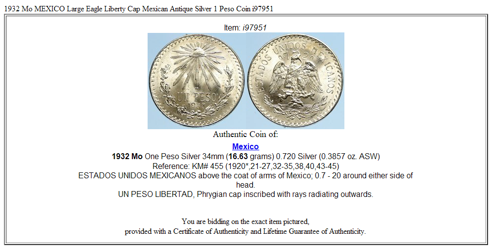 1932 Mo MEXICO Large Eagle Liberty Cap Mexican Antique Silver 1 Peso Coin i97951